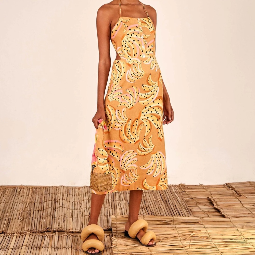 Closet Closes 11/1/22 Farm Rio Raining Bananas Halter Midi Dress L